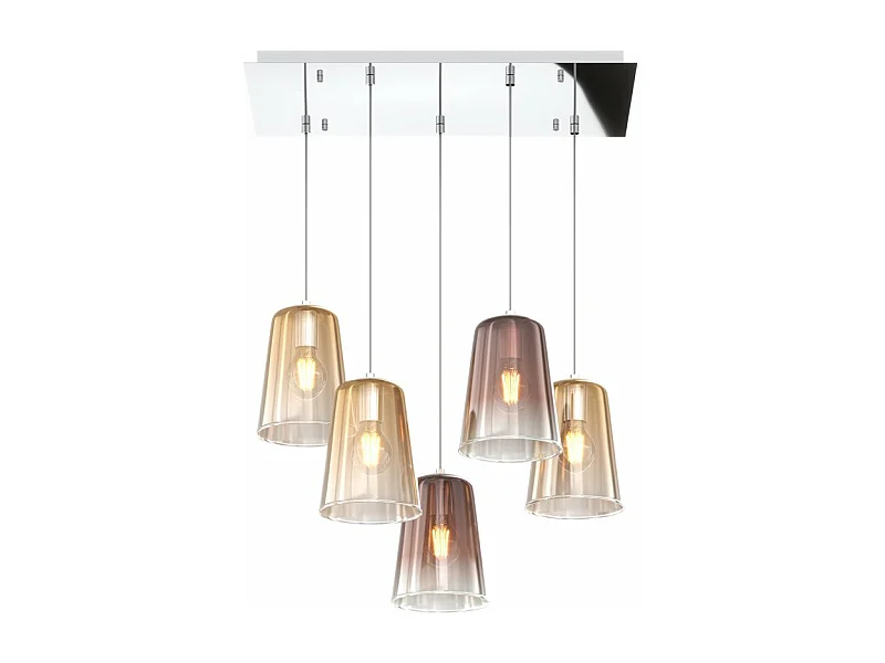 Sospensione Contemp. Rett. Shaded Metallo Cromo Vetro Ambra E Rame 5 Luci E27
