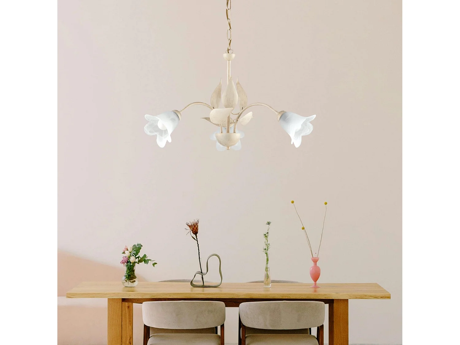 Olga - Lustre em ferro lacado marfim com decoração. difusores antigos em ouro e vidro d. 14 alabastro branco 3 luzes 103 - Ø60 - BL155-3-AV