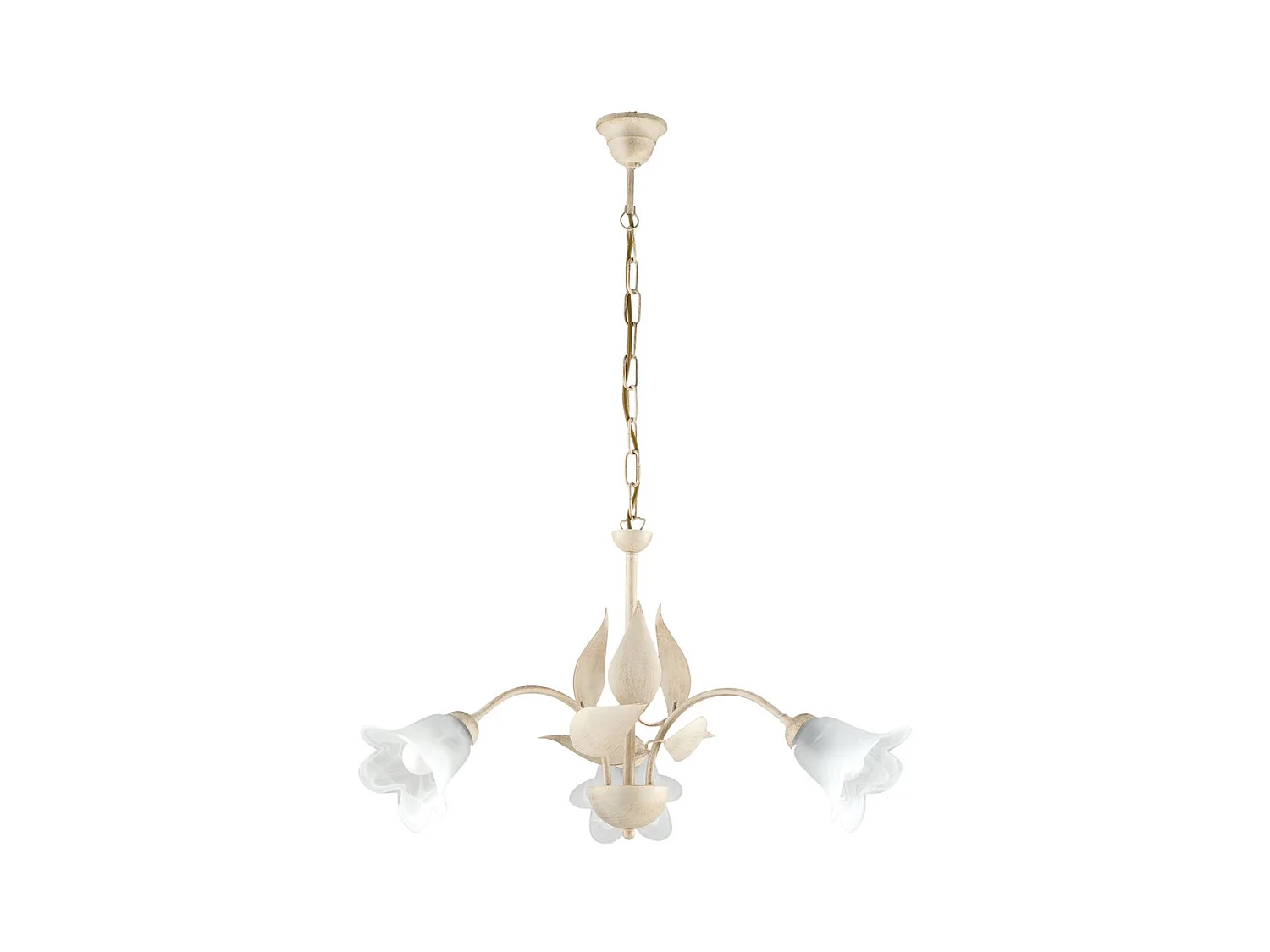 Lustre Olga fer ivoire, déco or antique, verre albâtre d.14, 3 lumières d.60 cm ambiance douce et classique