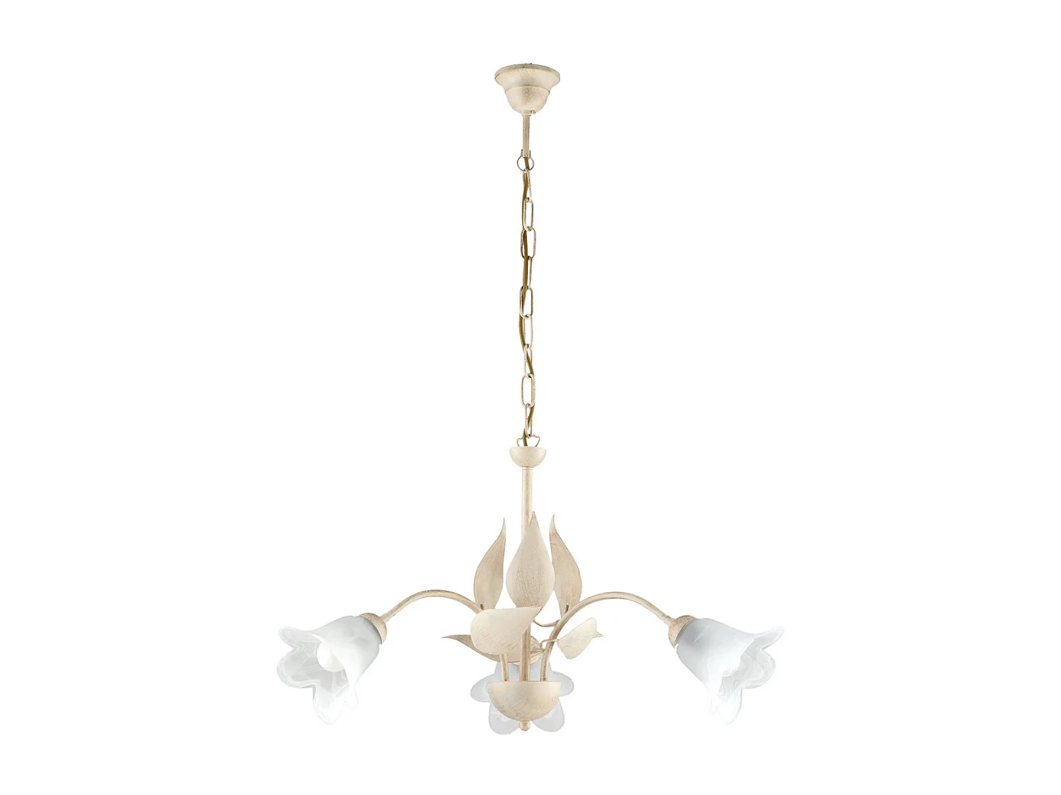 Lustre Olga fer ivoire, déco or antique, verre albâtre d.14, 3 lumières d.60 cm ambiance douce et classique