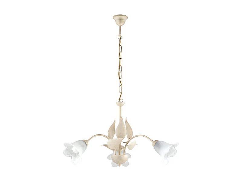 Lustre Olga fer ivoire, déco or antique, verre albâtre d.14, 3 lumières d.60 cm ambiance douce et classique