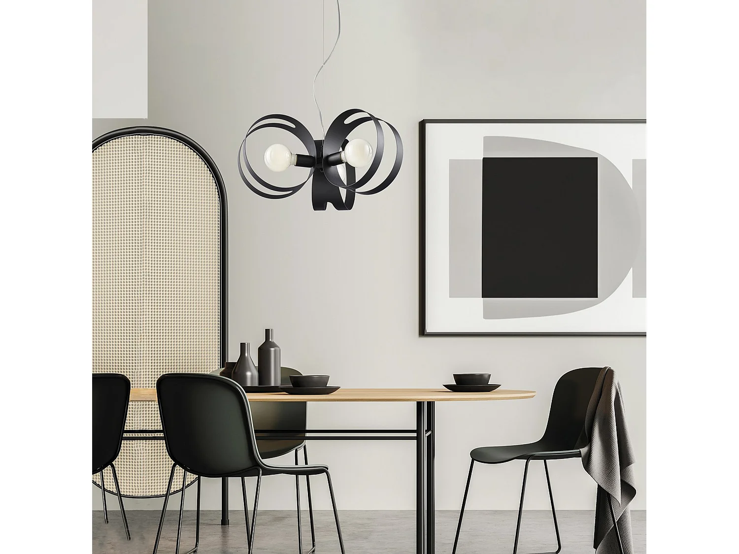 Peter - Pendelleuchte aus schwarz lackiertem Eisen mit lasergeschnittenen Bändern und verstellbarem Stahlkabel 3 Lichter 130 - Ø48 - BL306-3-NR