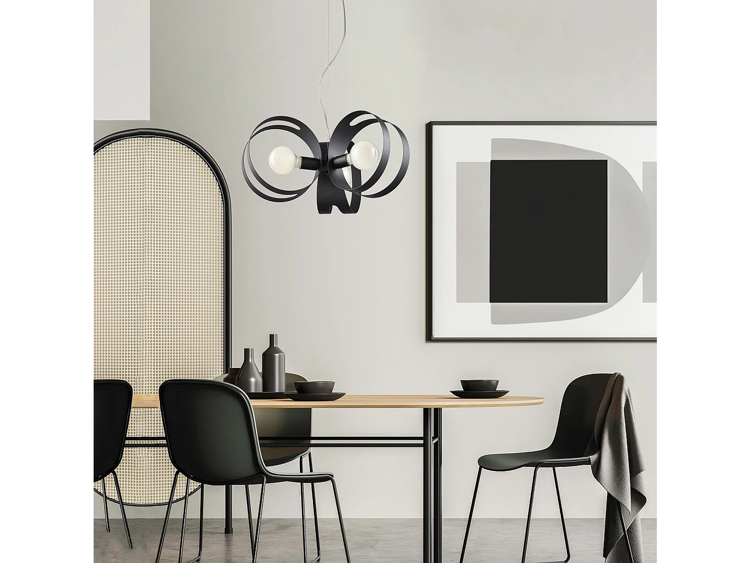 Peter Suspension en fer laqué noir avec bandes découpées au laser et câble en acier réglable 3 lumières 130 d.48 BL306-3-NR