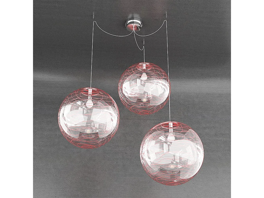 Sospensione Contemporanea Moon Metallo Cromo Vetro Rosso 3 Luci E27 D.40Cm