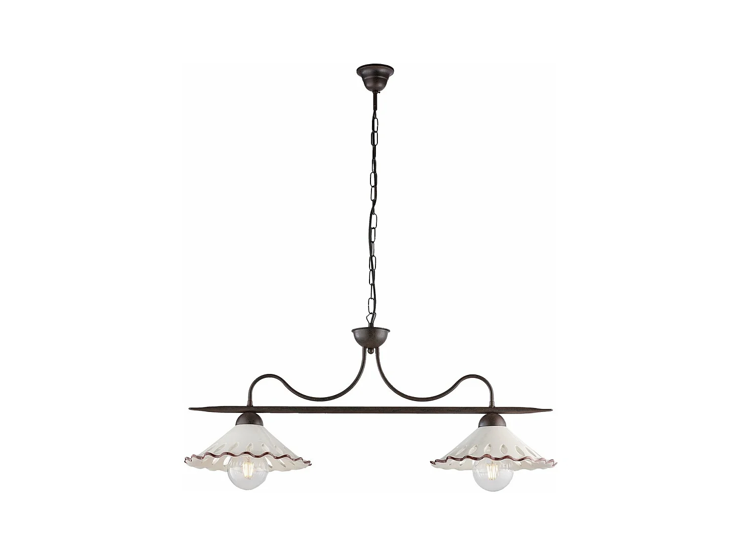 Lustre Osteria fer noir, déco rouille, diffuseurs céramique d.30 blanc/marron, 2 lumières, style rustique 83x30 cm