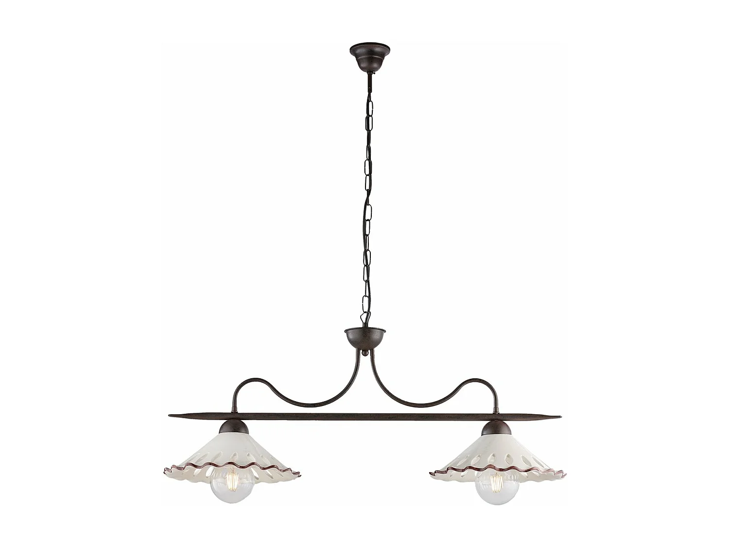 Lustre Osteria fer noir, déco rouille, diffuseurs céramique d.30 blanc/marron, 2 lumières, style rustique 83x30 cm