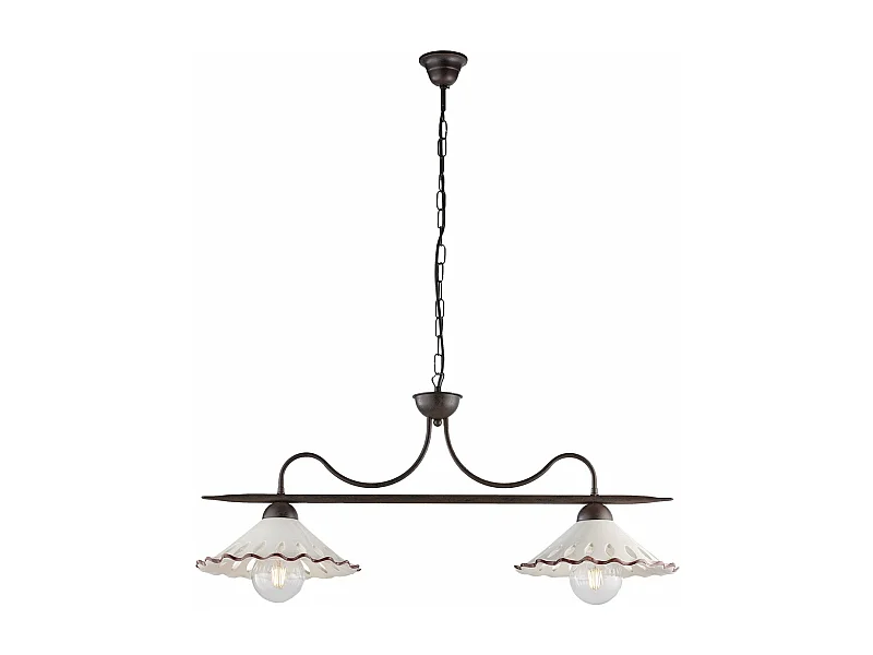 Lustre Osteria fer noir, déco rouille, diffuseurs céramique d.30 blanc/marron, 2 lumières, style rustique 83x30 cm