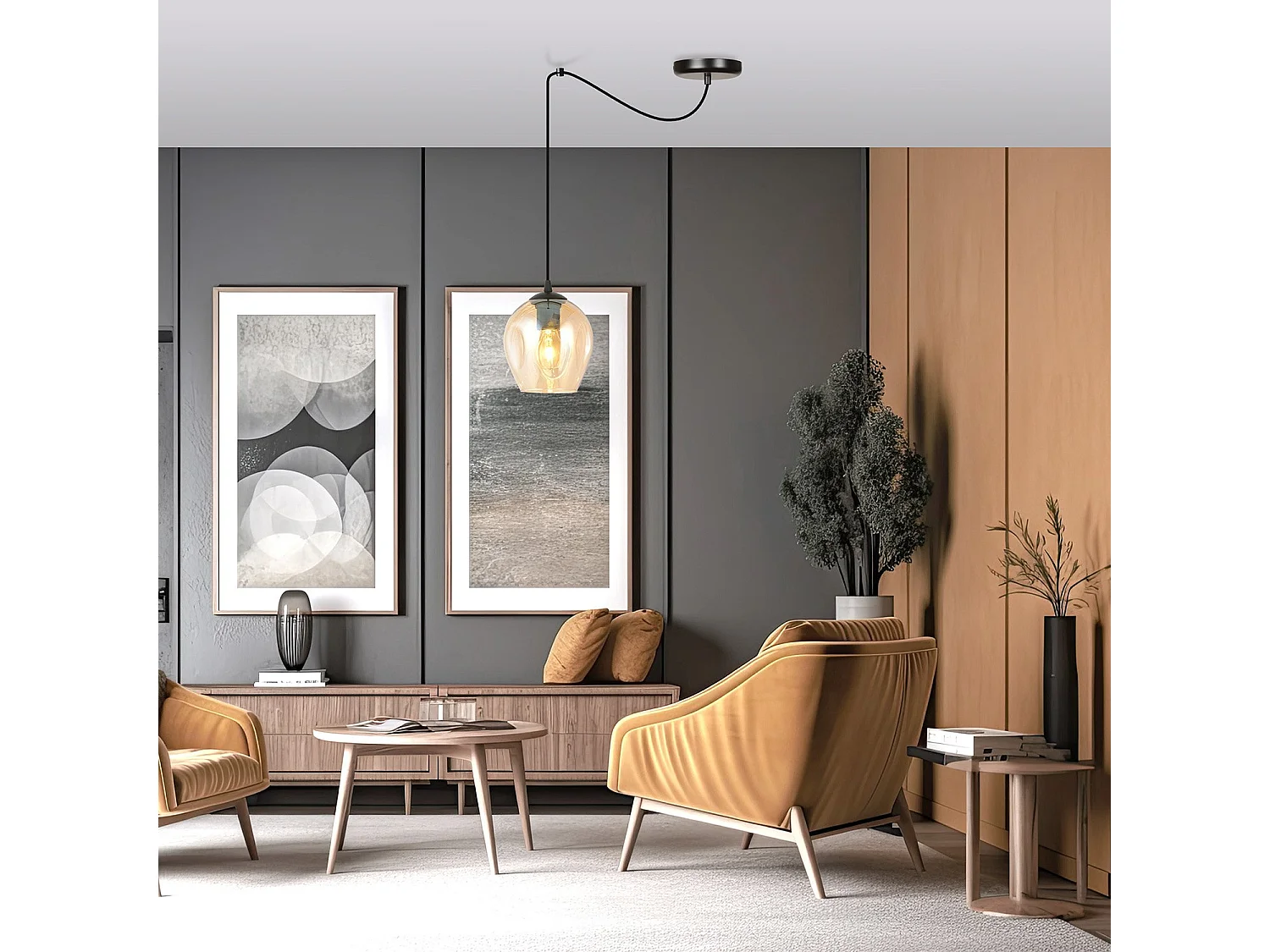 Sospensione 1 Luce Level In Acciaio Nero E Vetro Ambra Con Cavi Lunghi