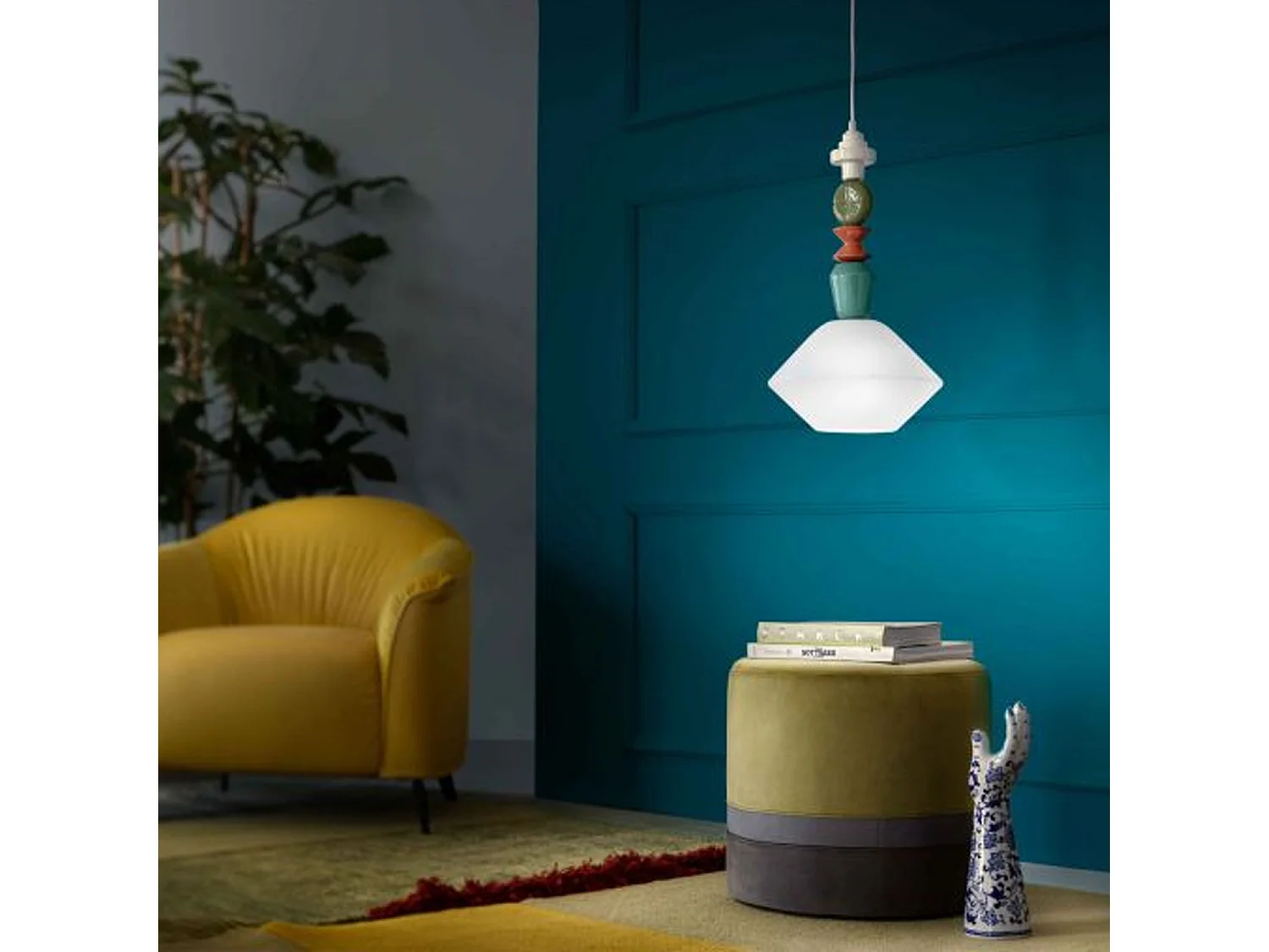 Art Deco Vintage Hängelampe aus Glas und Keramik Lariat SO-G