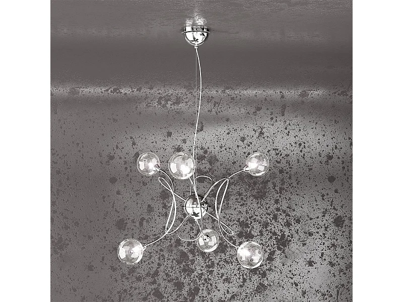 Sospensione Contemporanea Super Ball Metallo Cromo Vetro Pirex 6 Luci G9