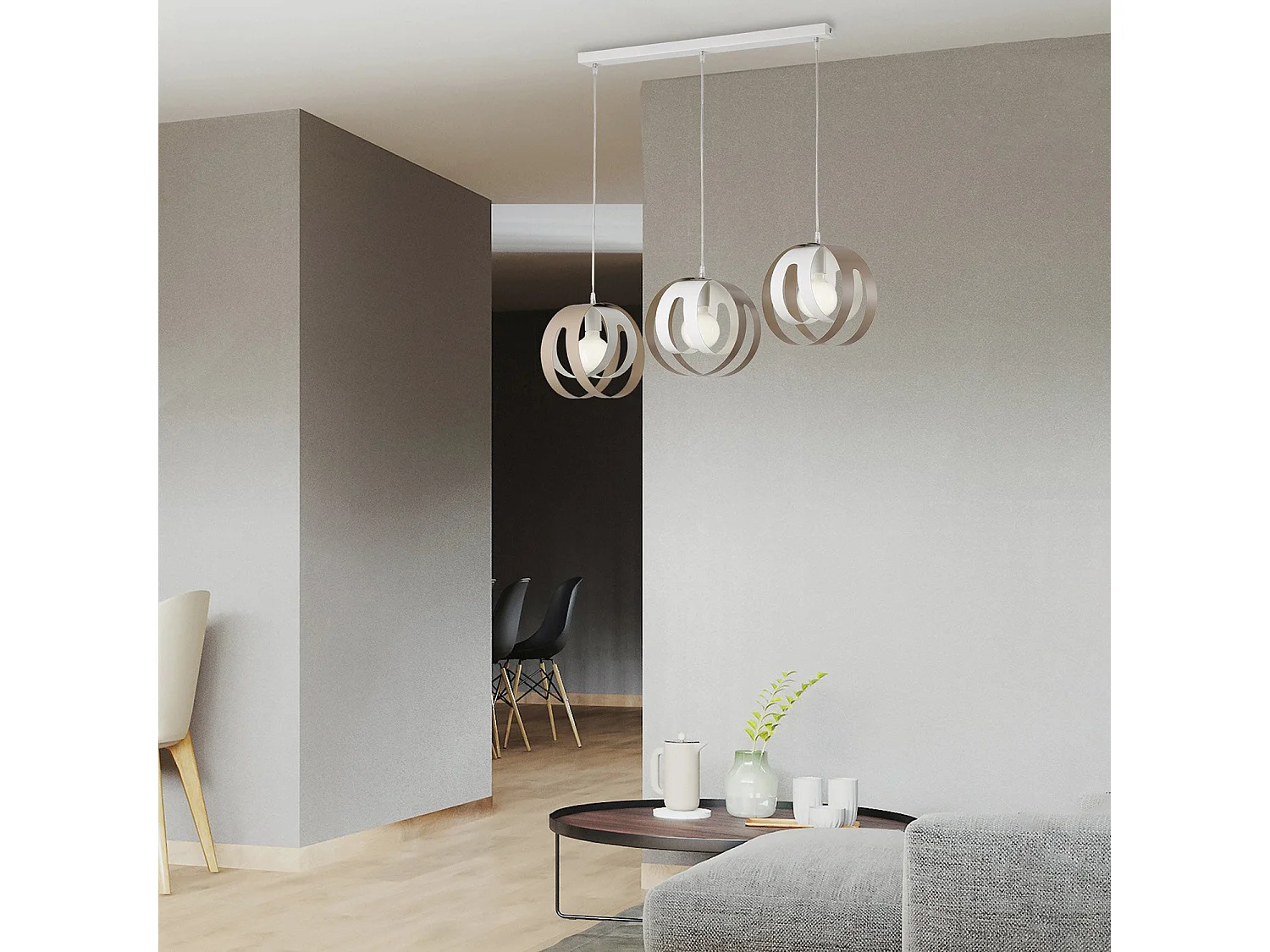 Suspension Tobias rosace rectangulaire, diffuseurs laser fer blanc/gris, câble orientable, 3 lumières, design épuré