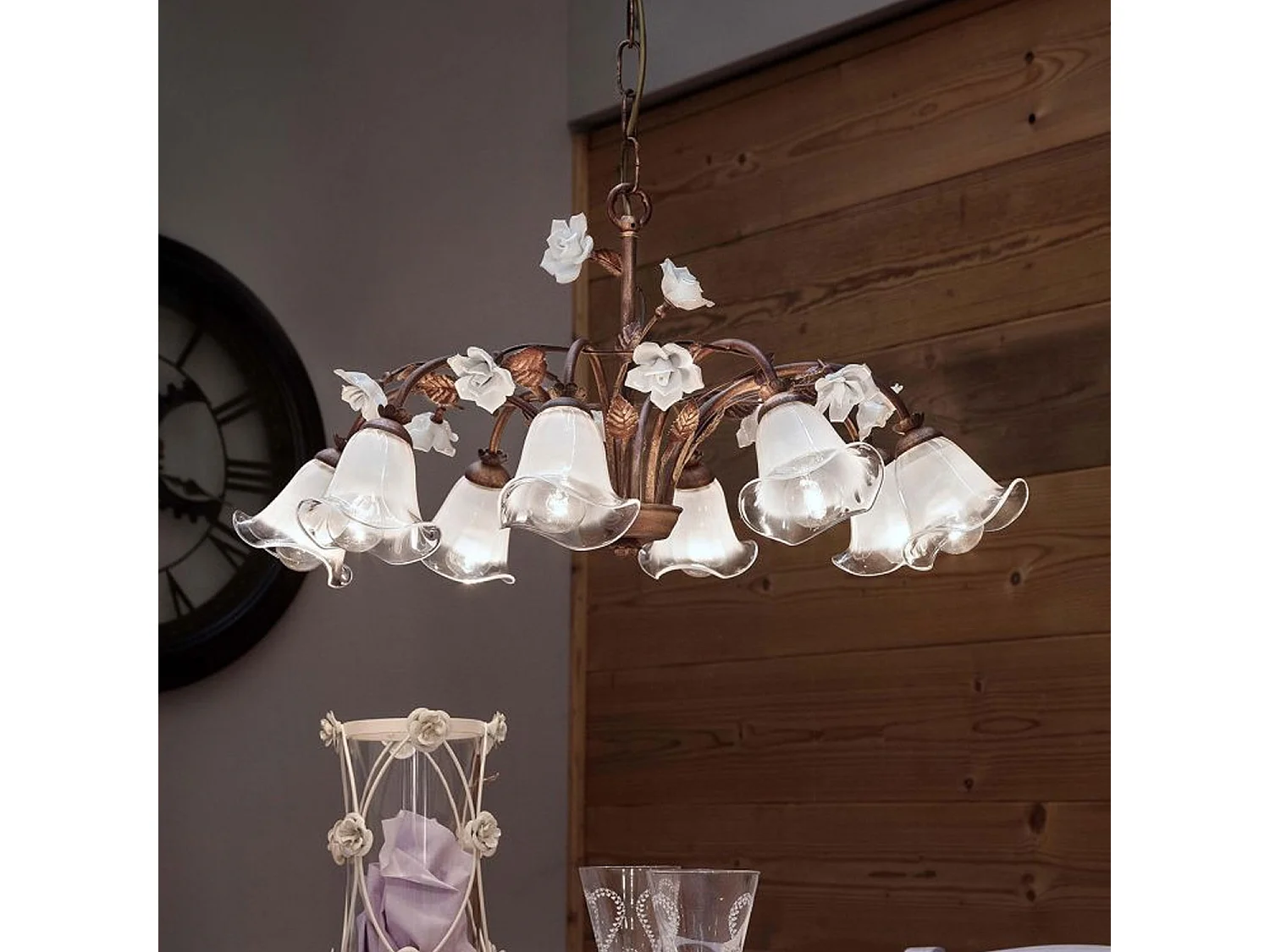 Lampadario Classico Siena Metallo E Ceramica Ruggine Decorato Lucido 8 Luce E14