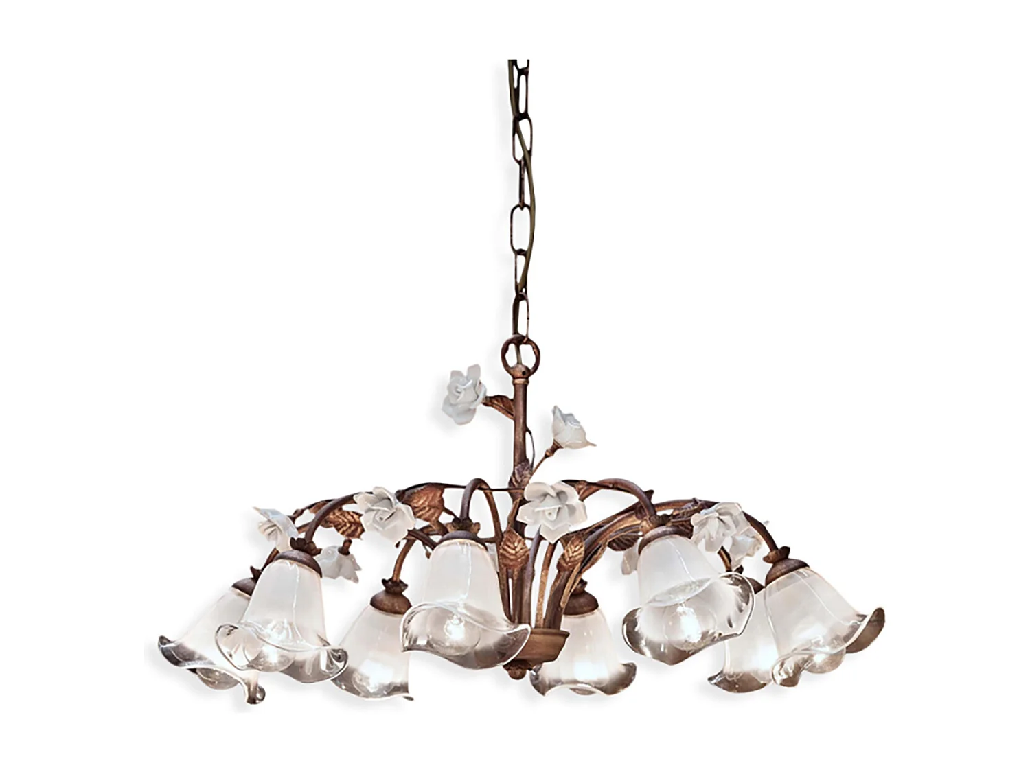 Lampadario Classico Siena Metallo E Ceramica Ruggine Decorato Lucido 8 Luce E14