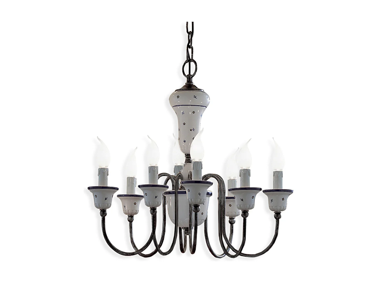 Lampadario Classico Sanremo Metallo E Ceramica Bianco Filo Blu 8 Luce E14