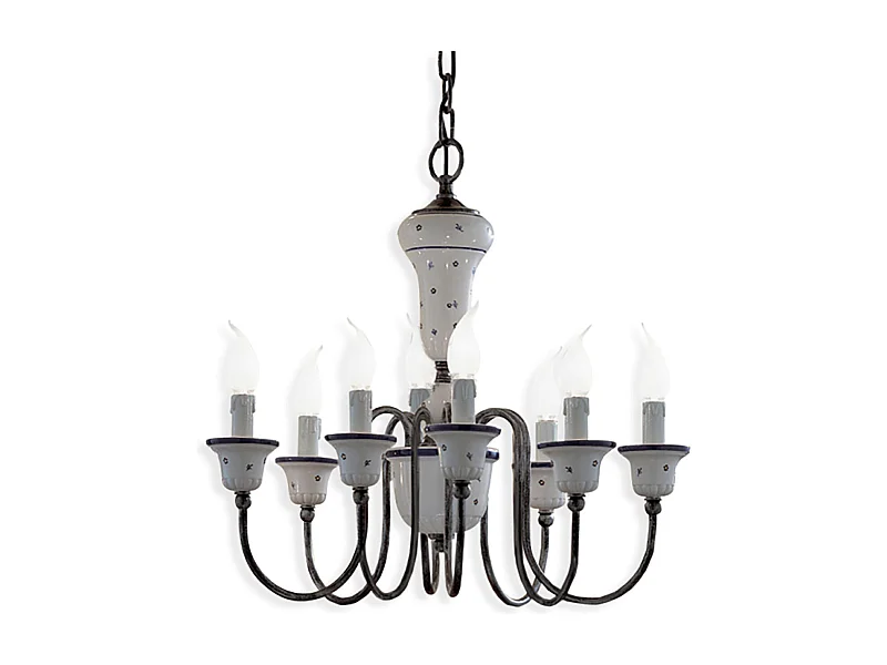 Lampadario Classico Sanremo Metallo E Ceramica Bianco Filo Blu 8 Luce E14