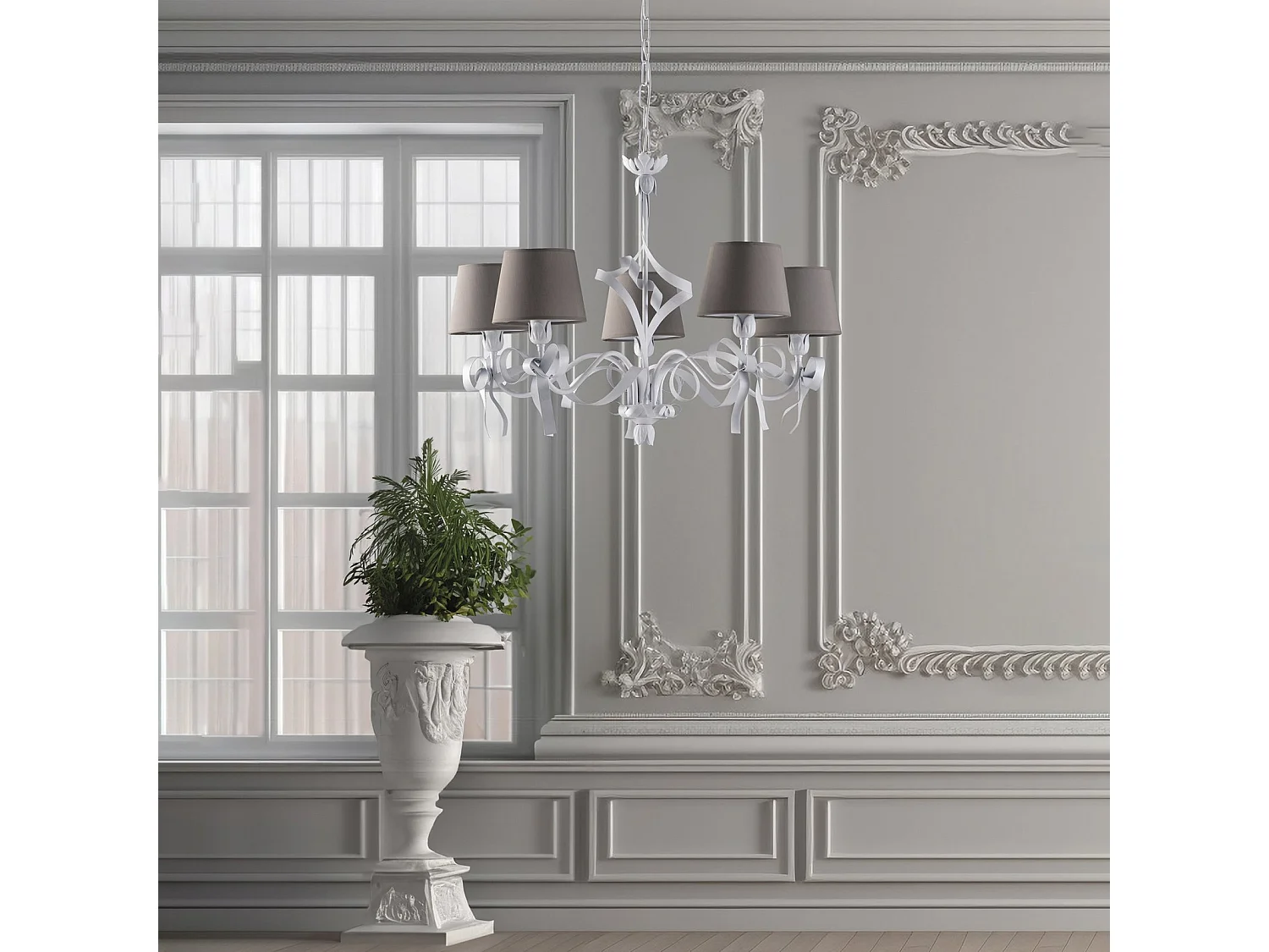 Lampadario Shabby Chic Lucy Bianco 5 Luci Paralumi Tortora BeLight