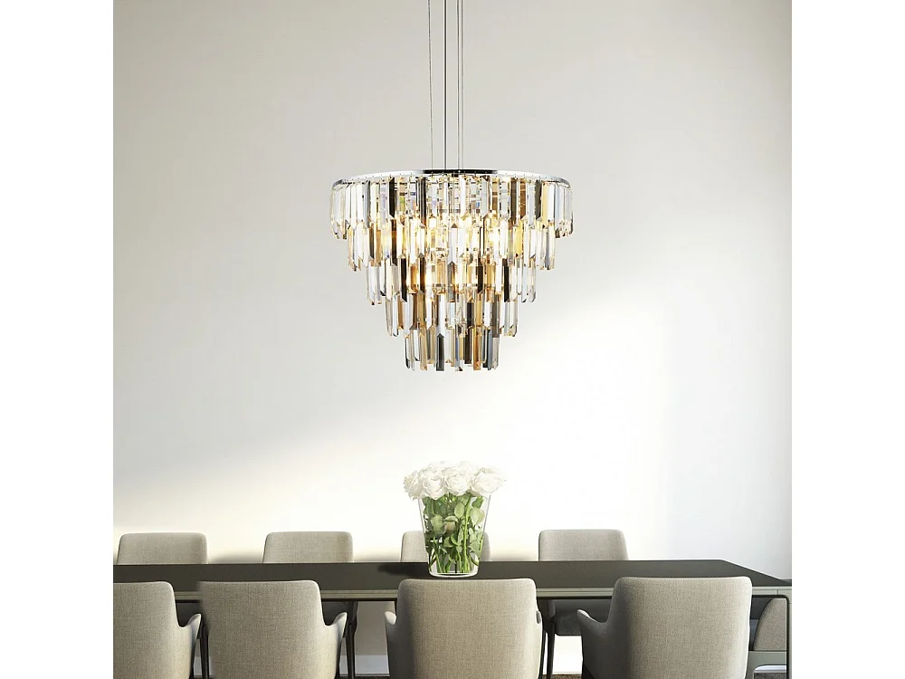 Searchlicht CLARISSA - 9 licht Chrome Deckenanhänger mit bernsteinfarbenen, rauchigen Kristallprismatropfen