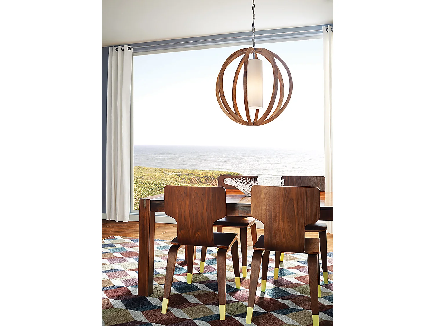 Elstead Allier Grande suspension de plafond sphérique à 1 ampoule en acier brossé, bois clair, E27