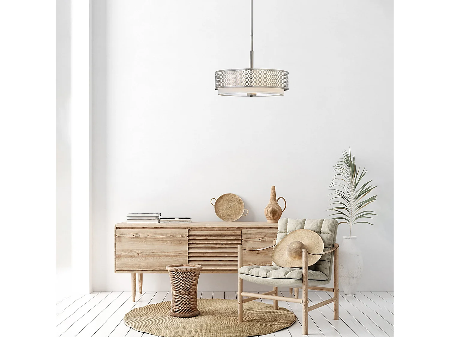 Lampadario Contemporaneo Jules Acciaio Nichel Spazzolato Tessuto 3 Luci E27