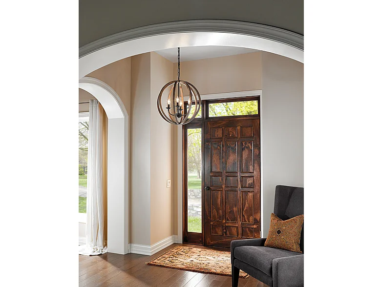 Elstead Allier - Sospensione a soffitto a gabbia sferica a 4 luci legno scuro, ferro antico, attacco E14