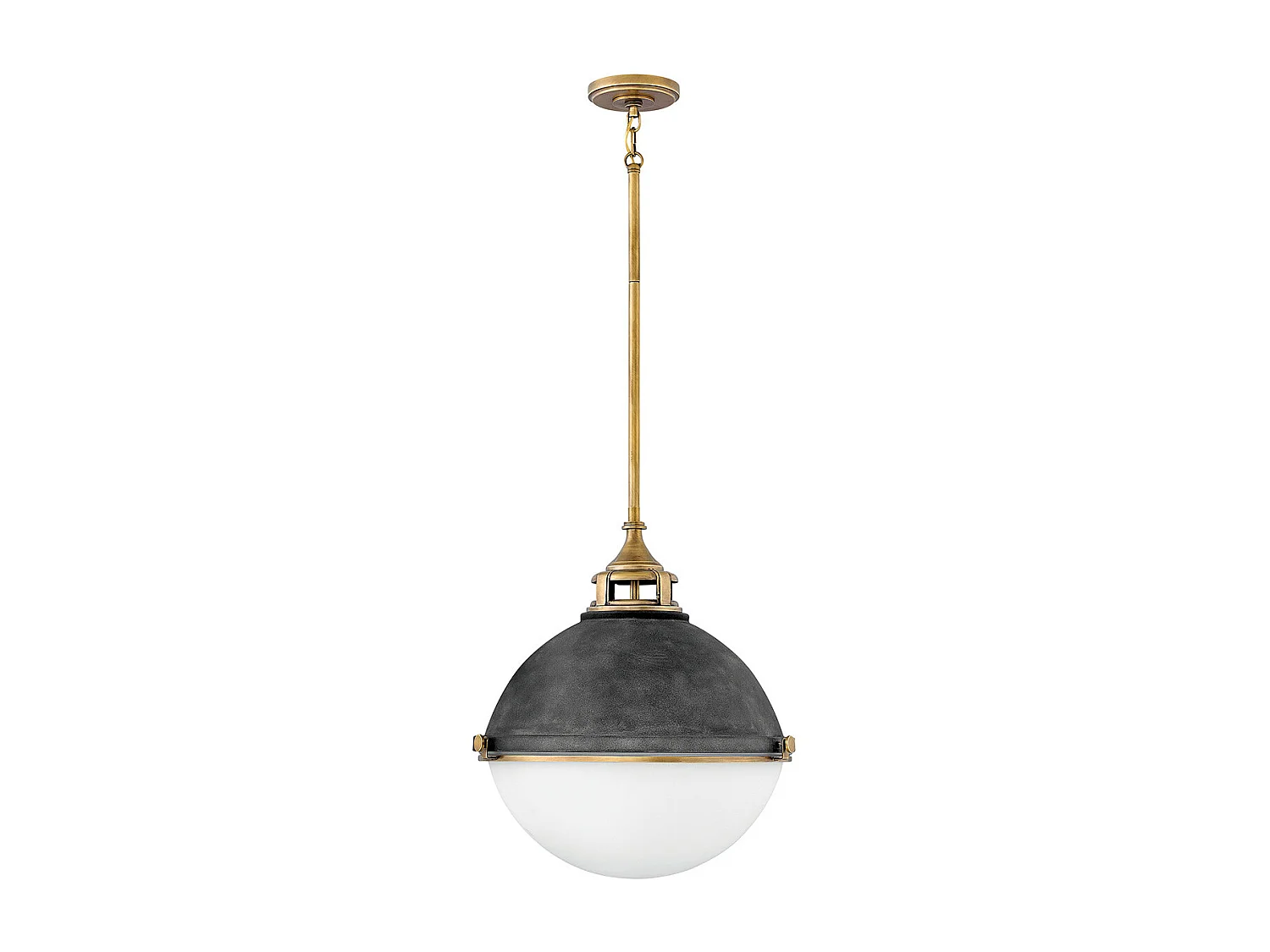 Fletcher Hinkley 3-Licht-Anhänger im Alter von Zink mit Heritage Messing