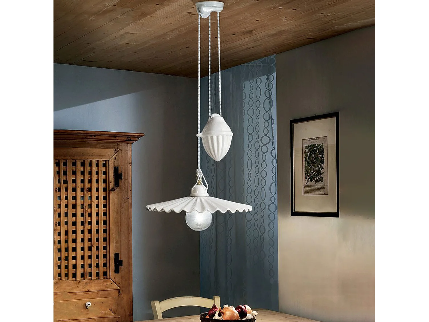 Sospensione Saliscendi Classico L'Aquila Metallo E Ceramica Ottone 1 Luce E27