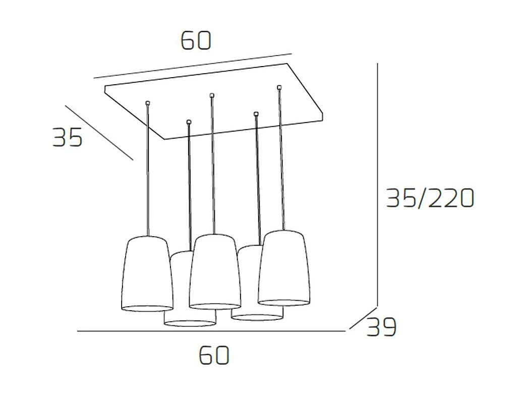 Sospensione Cromo Rettangolare 5 Luci Rame