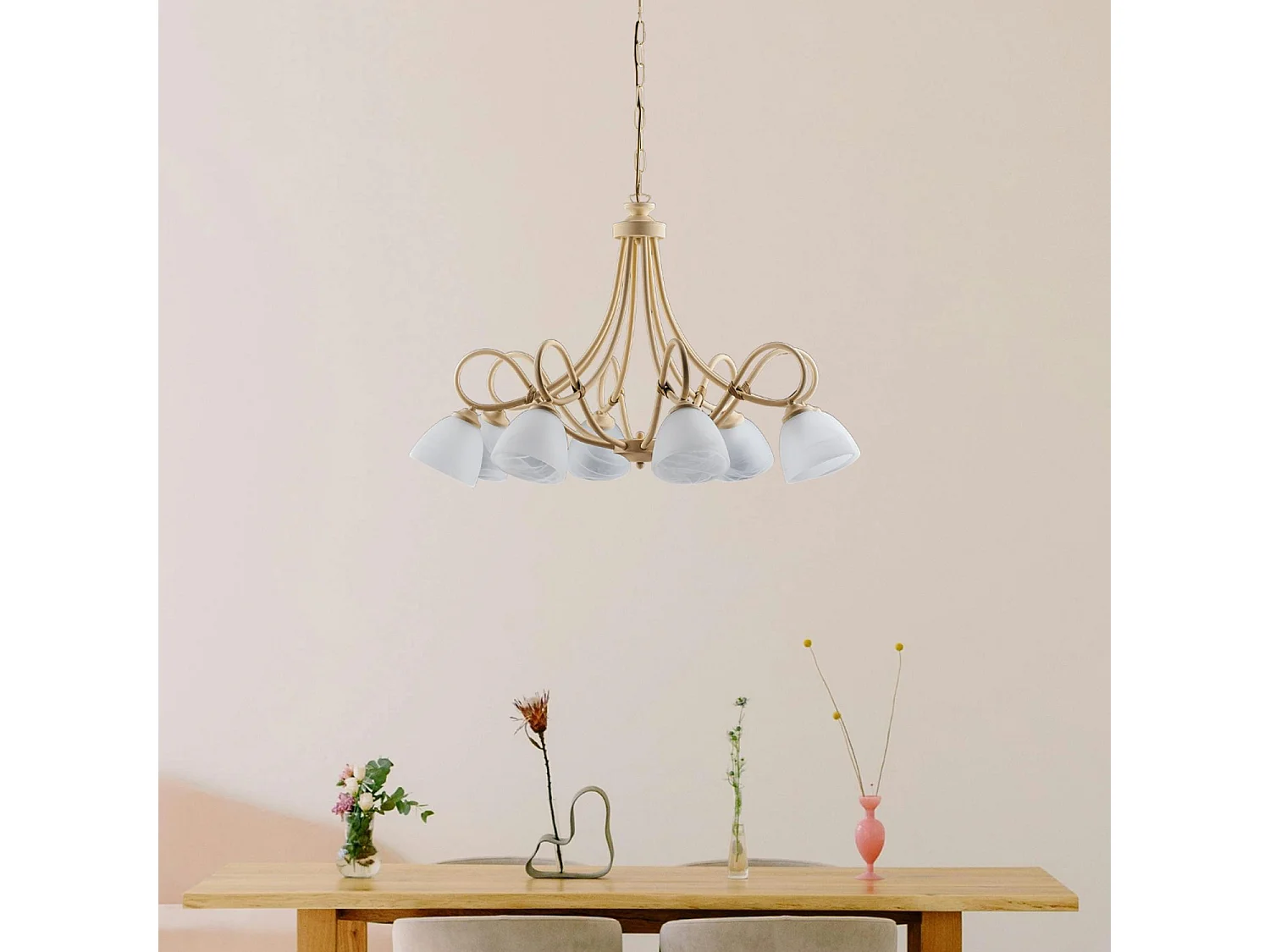 Lampadario 8 Luci Dallas BeLight  Avorio Decapè Vetro Bianco