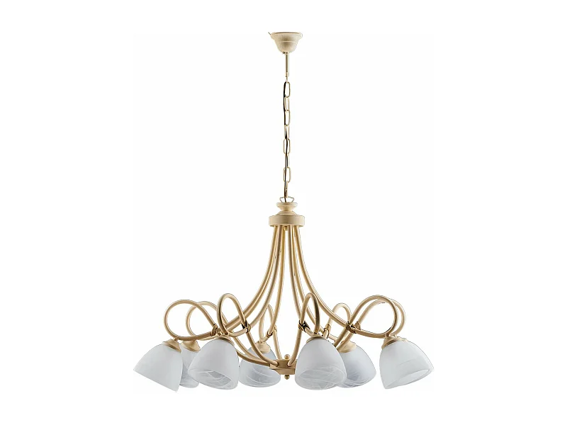 Lustre Dallas ivoire, effet décapé/or antique, verre albâtre d.13, 8 lumières déco élégante et lumineuse