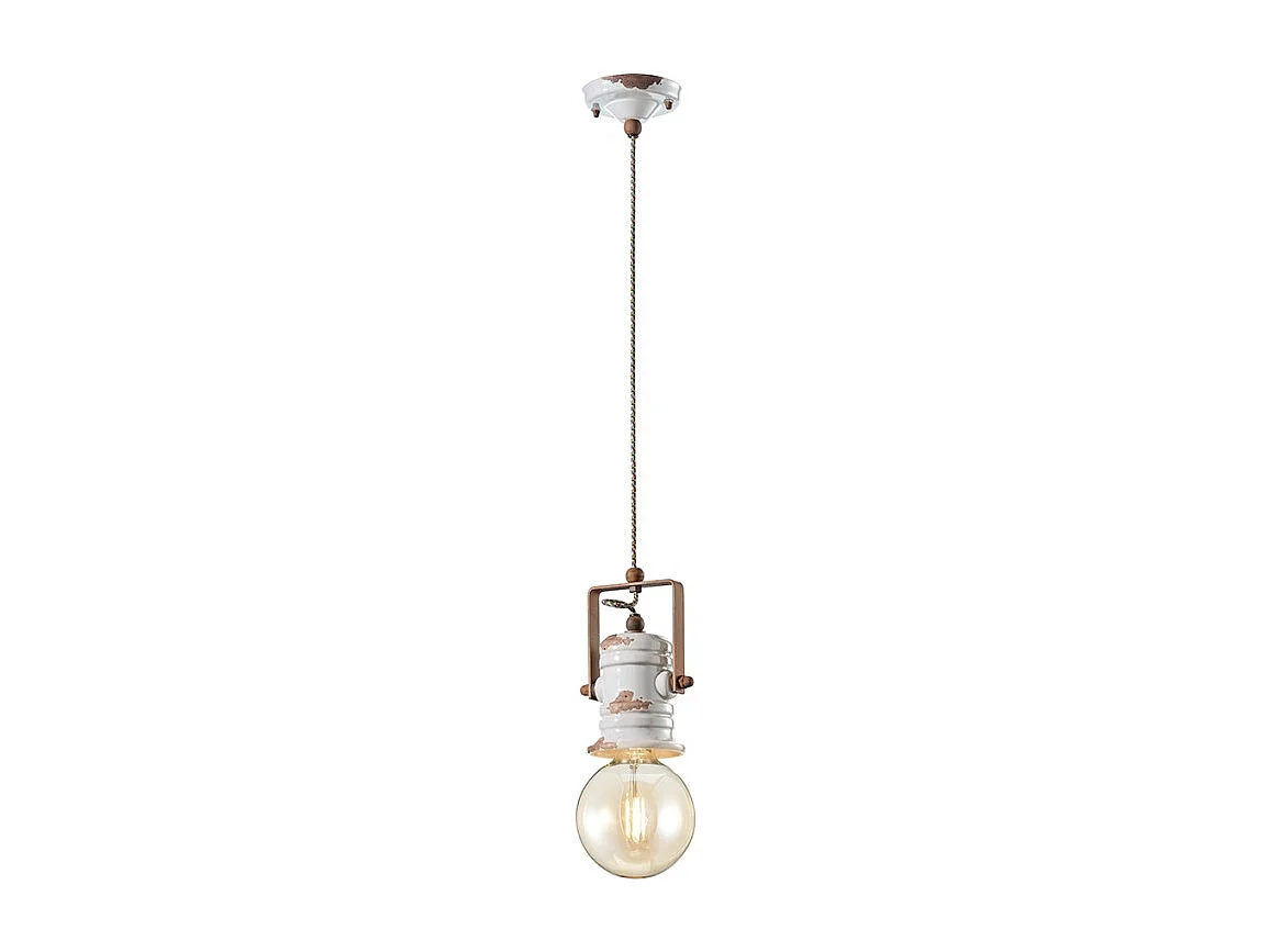Lampadario Industrial Urban Ferro Ceramica Vintage Bianco 1 Luce E27 19Cm