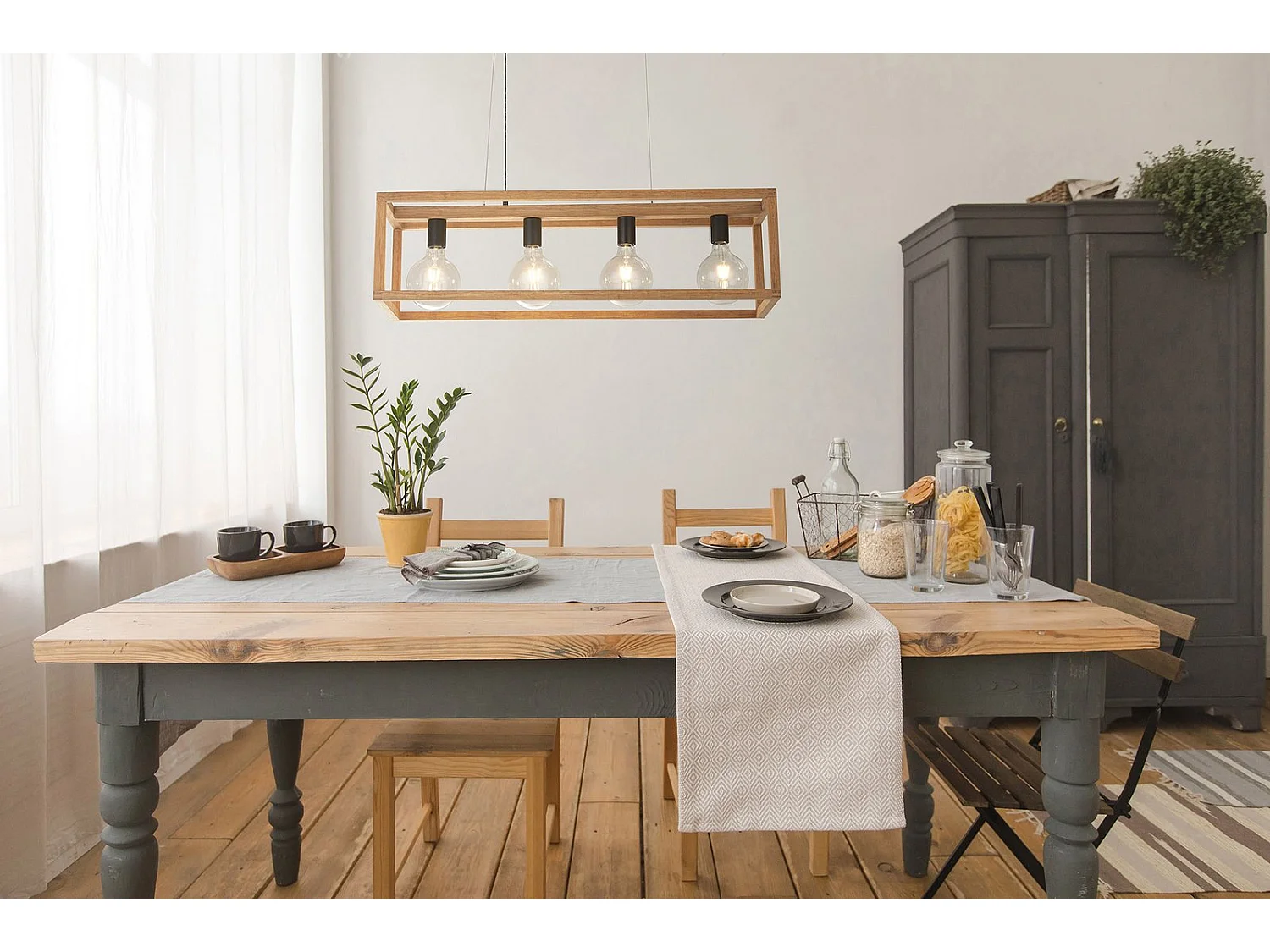 Searchlight SquareVävd bambu trä 4 ljus hänge