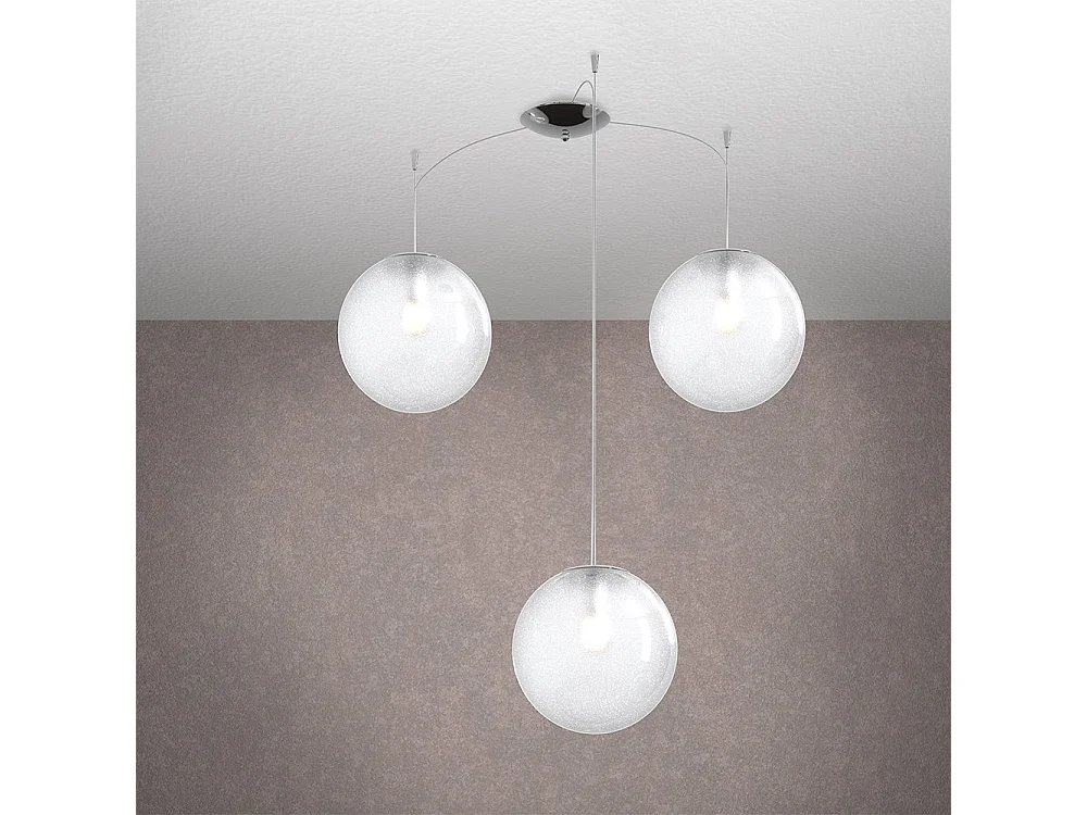 Sospensione Contemp Glitter Metallo Cromo Vetro Soffiato Trasp 3 Luci E27 25Cm