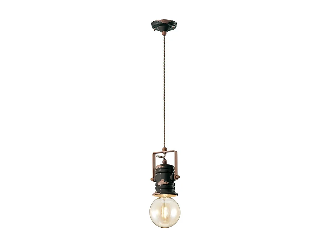 Lampadario Industrial Urban Ferro E Ceramica Vintage Nero 1 Luce E27 19Cm