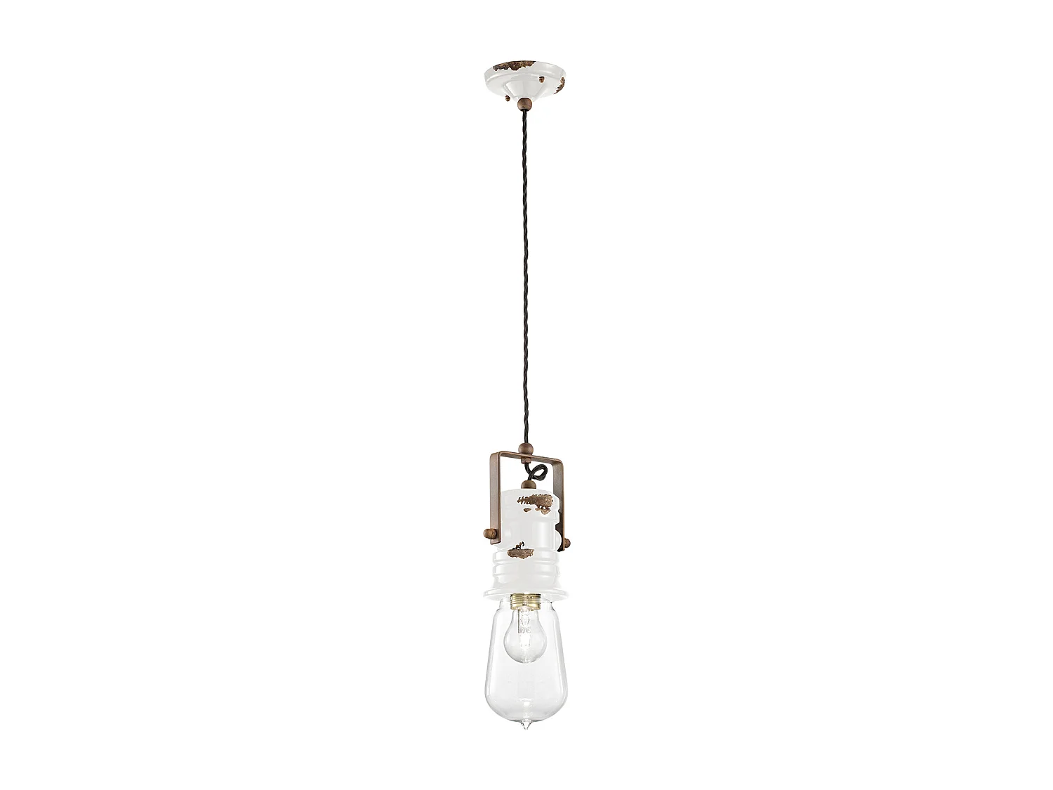 Lampadario Industrial Urban Ferro Ceramica Vintage Bianco 1 Luce E27 37Cm