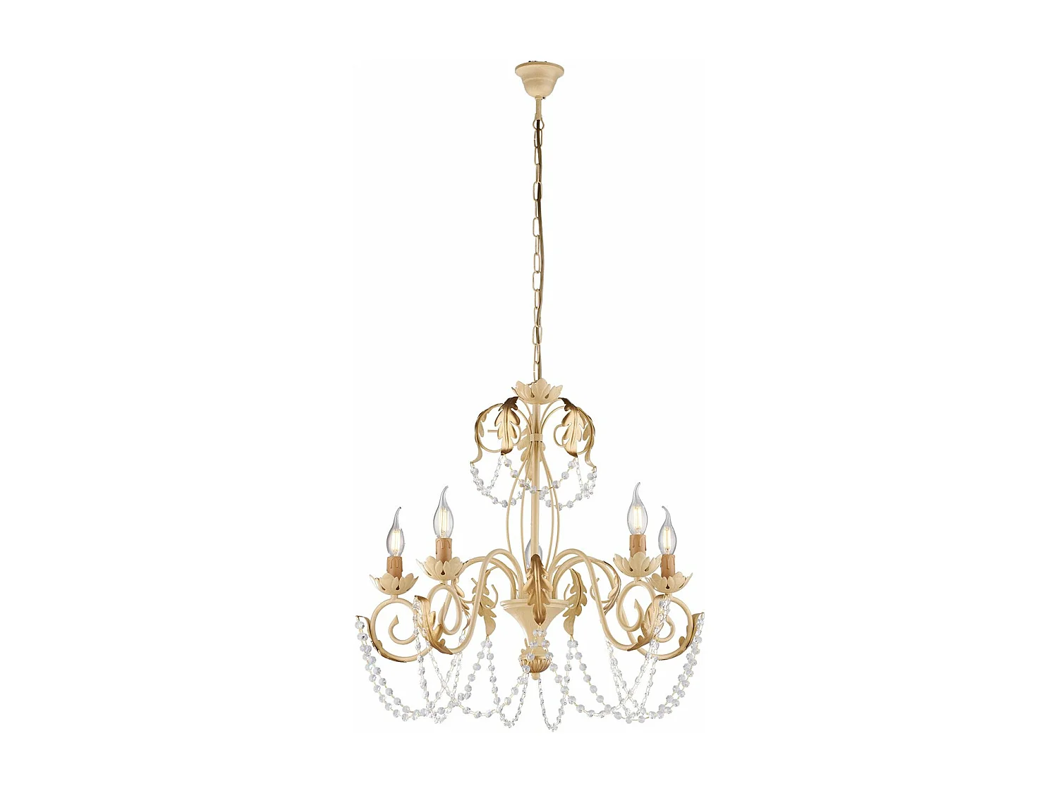 Damasco - Lámpara de hierro lacado marfil con decoración. Efecto decapé y acabados en oro antiguo con pedrería de cristal 5 luces 125 - Ø63