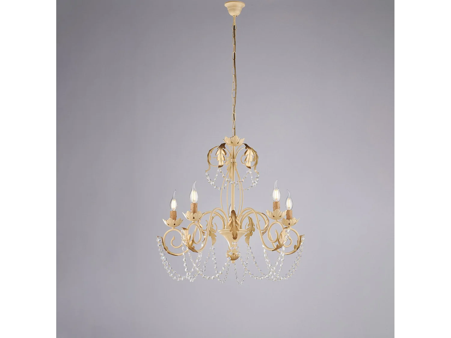 Lustre Damasco fer ivoire, strass cristal, déco or antique effet décapé, 5 lumières d.63 cm ambiance raffinée