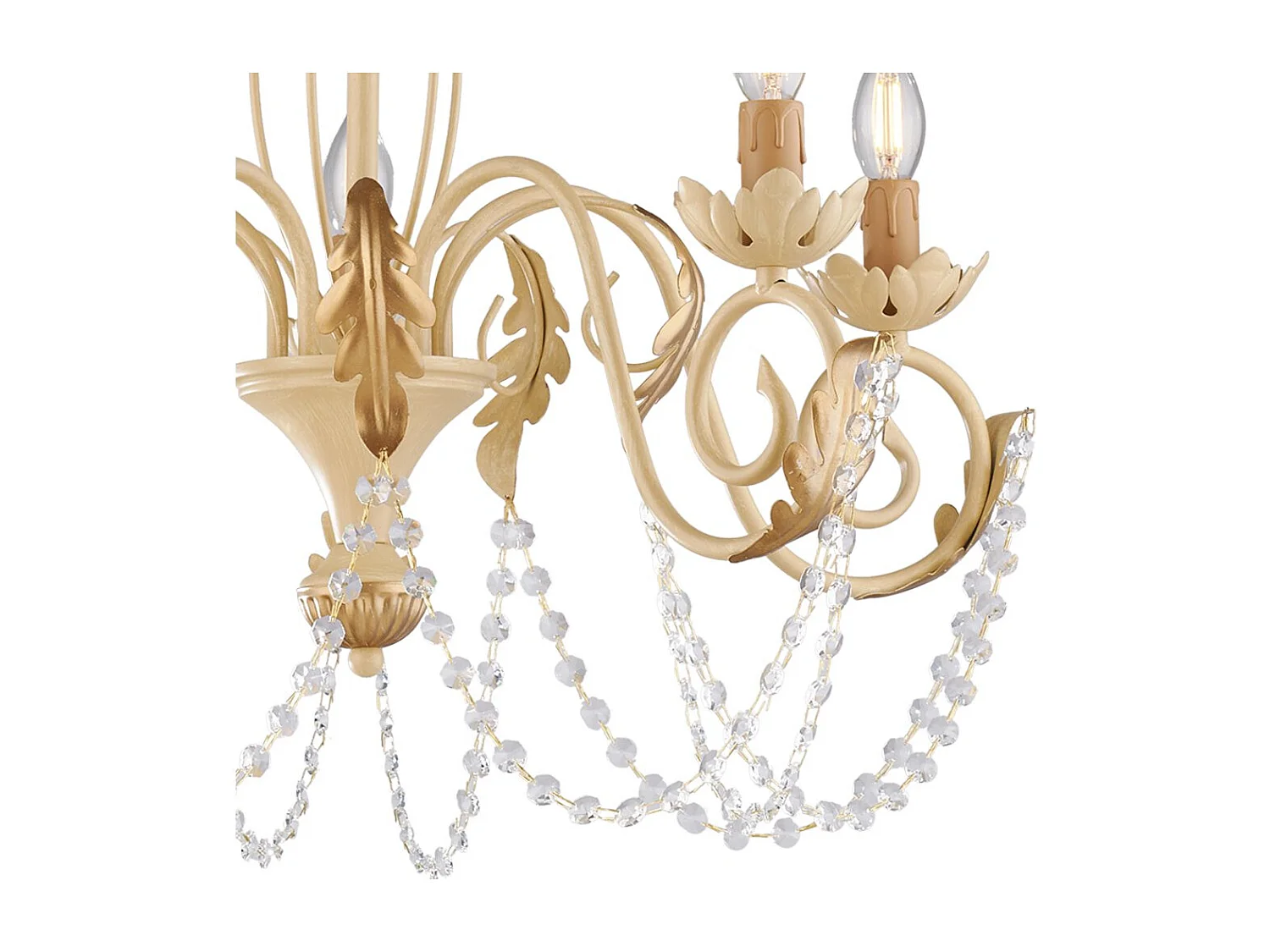 Lustre Damasco fer ivoire, strass cristal, déco or antique effet décapé, 5 lumières d.63 cm ambiance raffinée