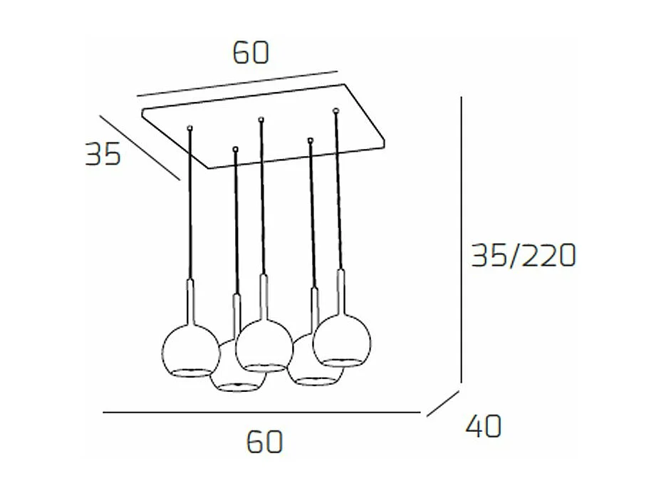 Sosp. Cromo Rettangolare 5 Luci Vetri Tutti Piccolo Oro