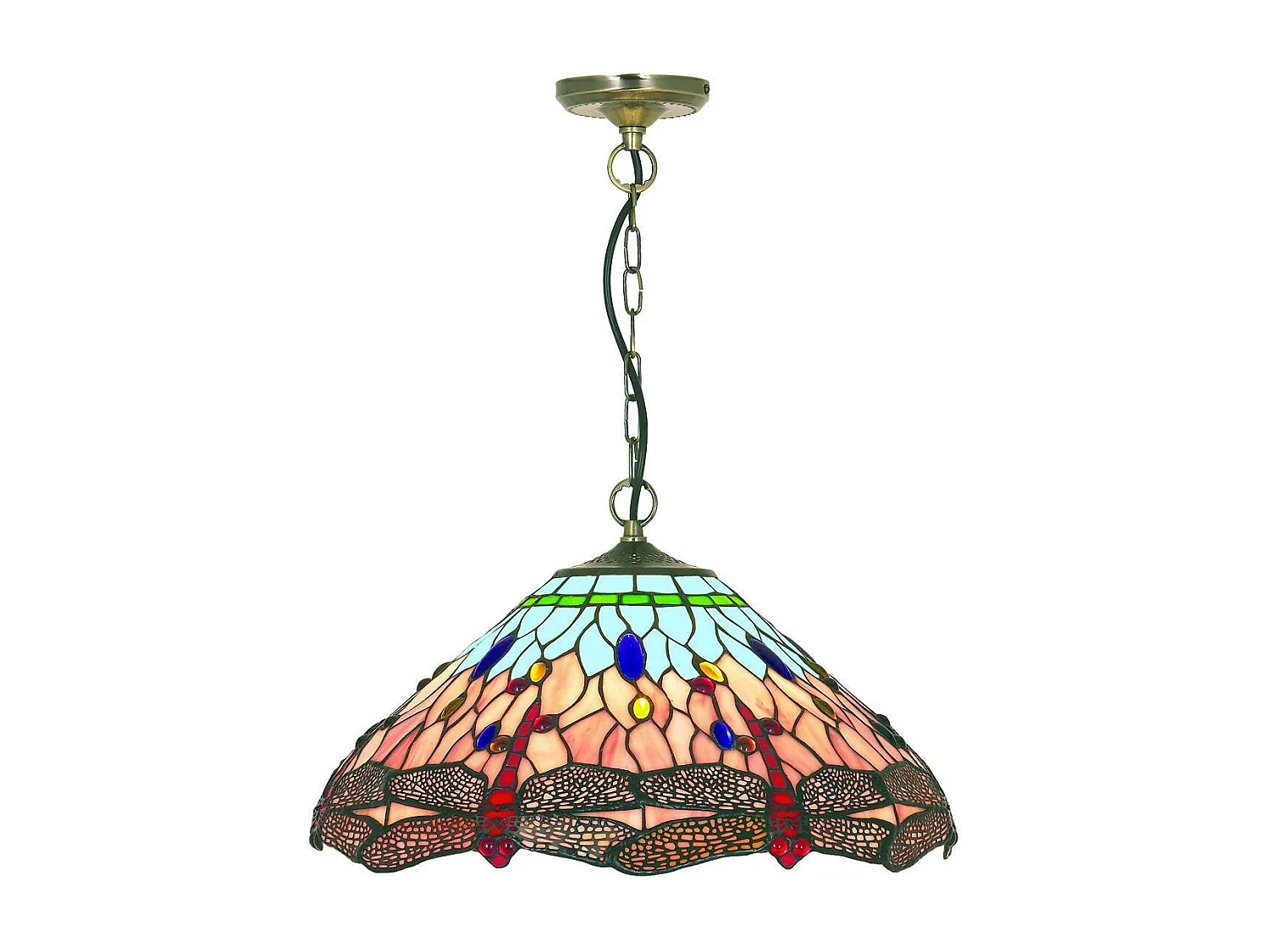 Searchlight Dragonfly - Lampadario a 1 luce in ottone antico, blu, vetro Tiffany libellula, E14
