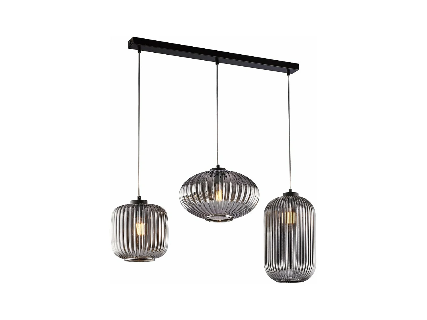 Rail Glamour noir, câbles réglables, verre soufflé miroir gris décor rayé, 3 lumières, design chic et moderne