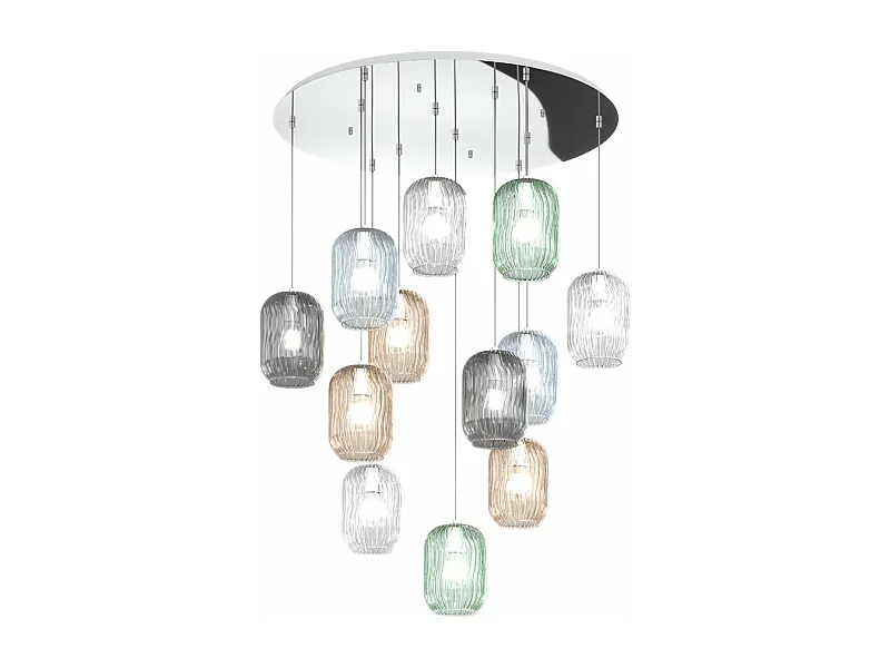 Sospensione Cromo 12 Luci Tonda Vetri 3X Tr + 3X Am + 2X Fu + 2X Ve + 2X Bl