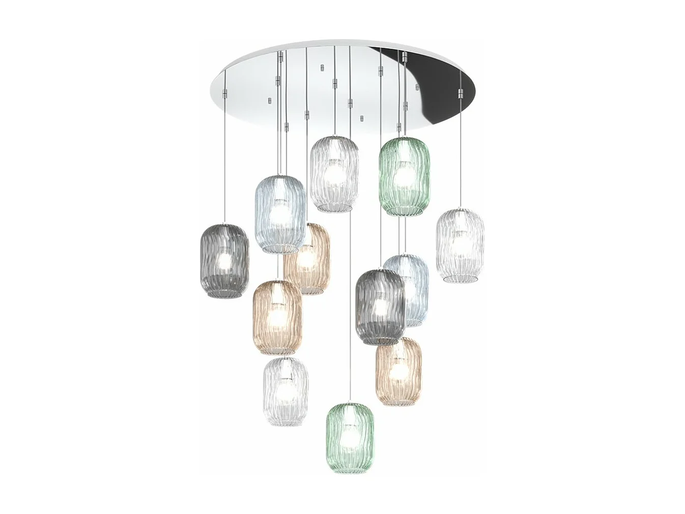 Sospensione Cromo 12 Luci Tonda Vetri 3X Tr + 3X Am + 2X Fu + 2X Ve + 2X Bl