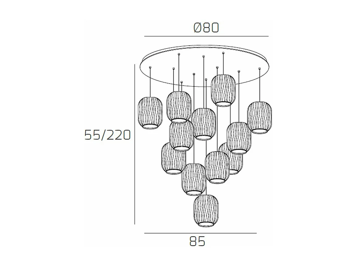 Sospensione Cromo 12 Luci Tonda Vetri 3X Tr + 3X Am + 2X Fu + 2X Ve + 2X Bl