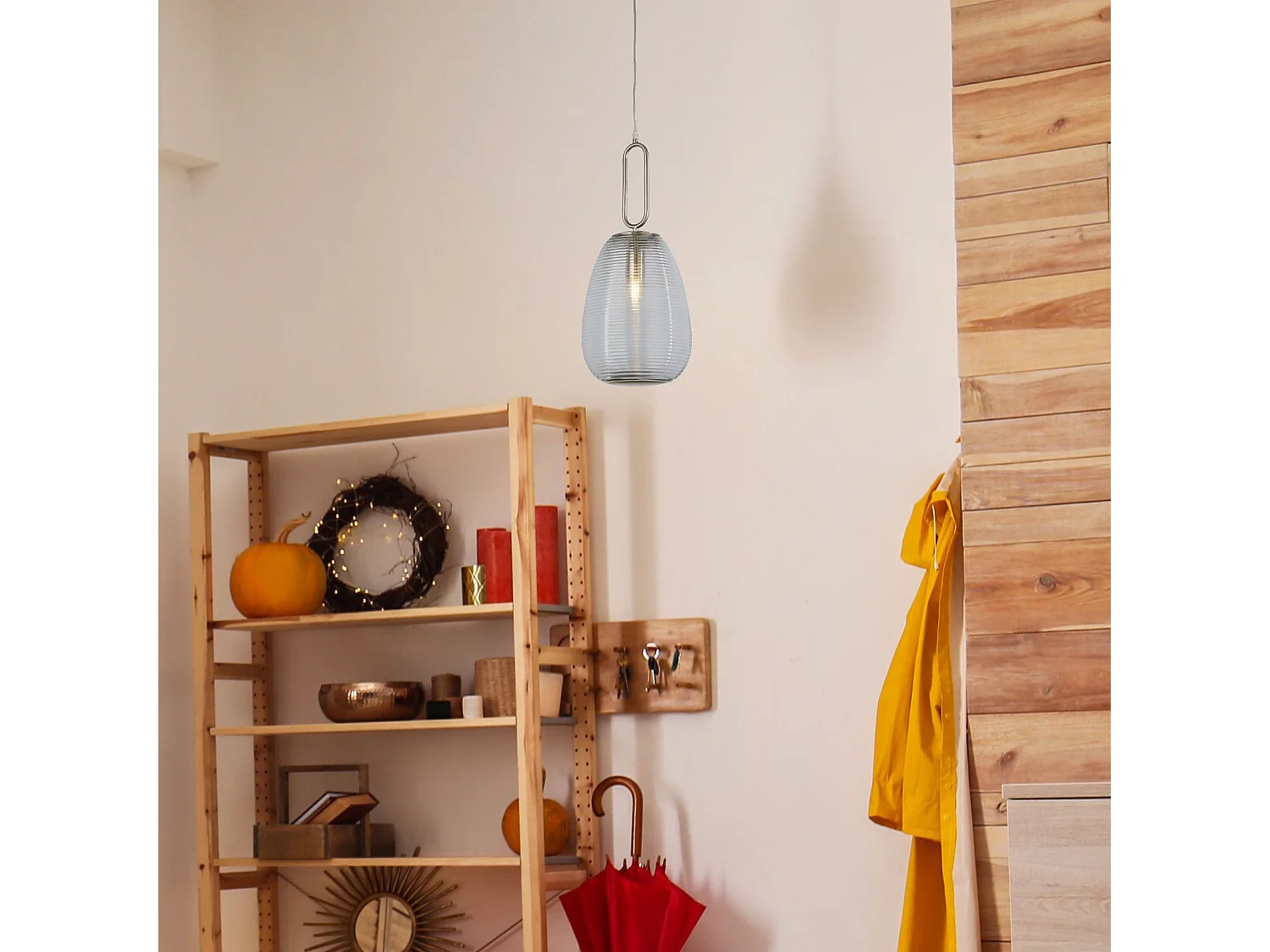 Searchlight 1 ljus ribbad glashnge, klart glas, satinnickel