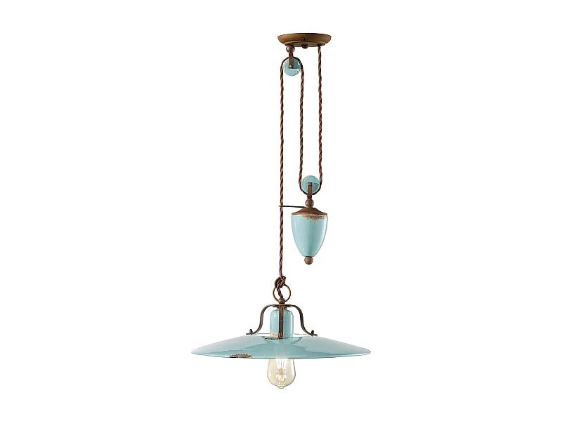 Lampadario Vintage Country Saliscendi Ferro E Ceramica Azzurro 1 Luce E27