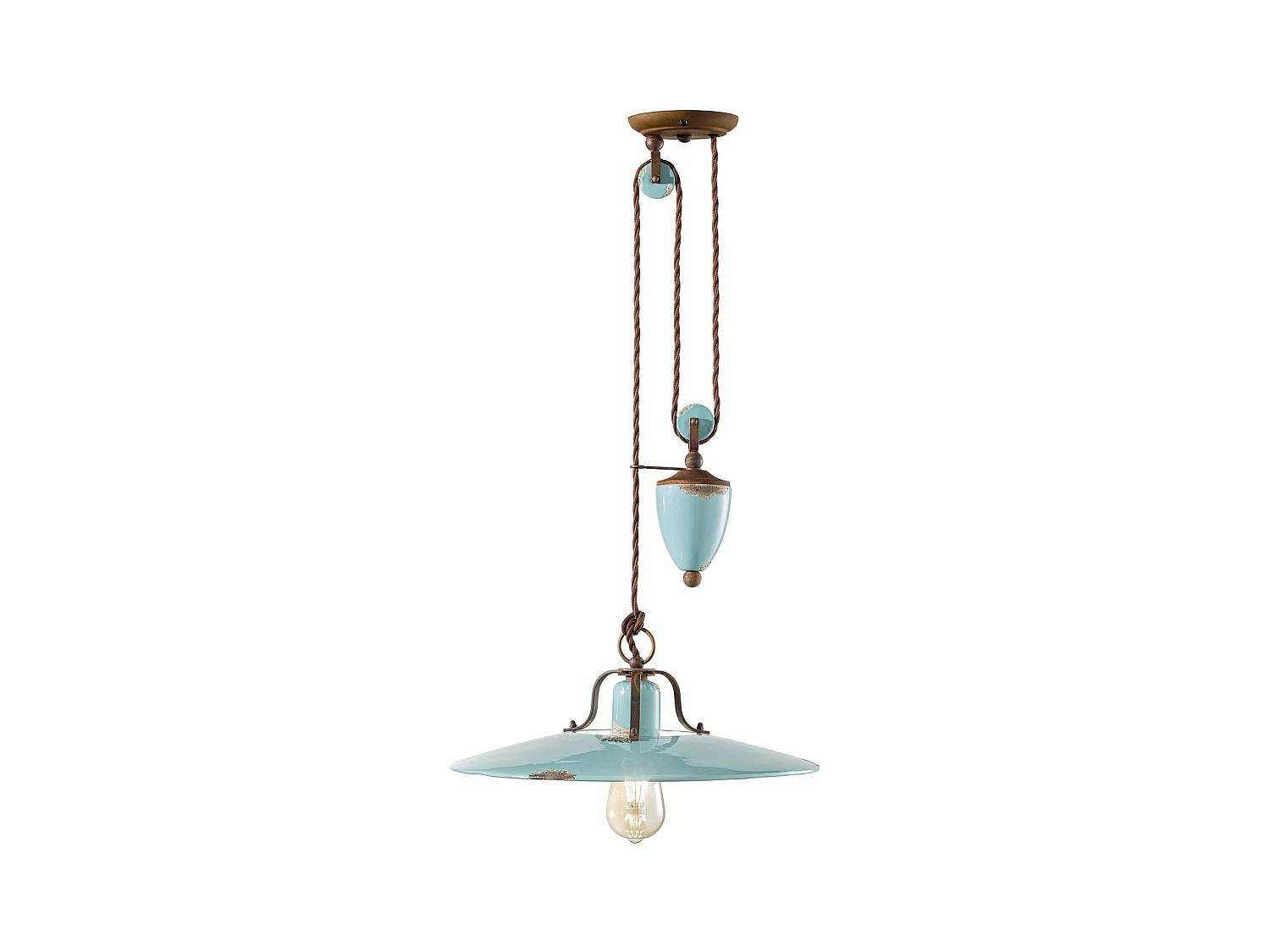 Lampadario Vintage Country Saliscendi Ferro E Ceramica Azzurro 1 Luce E27