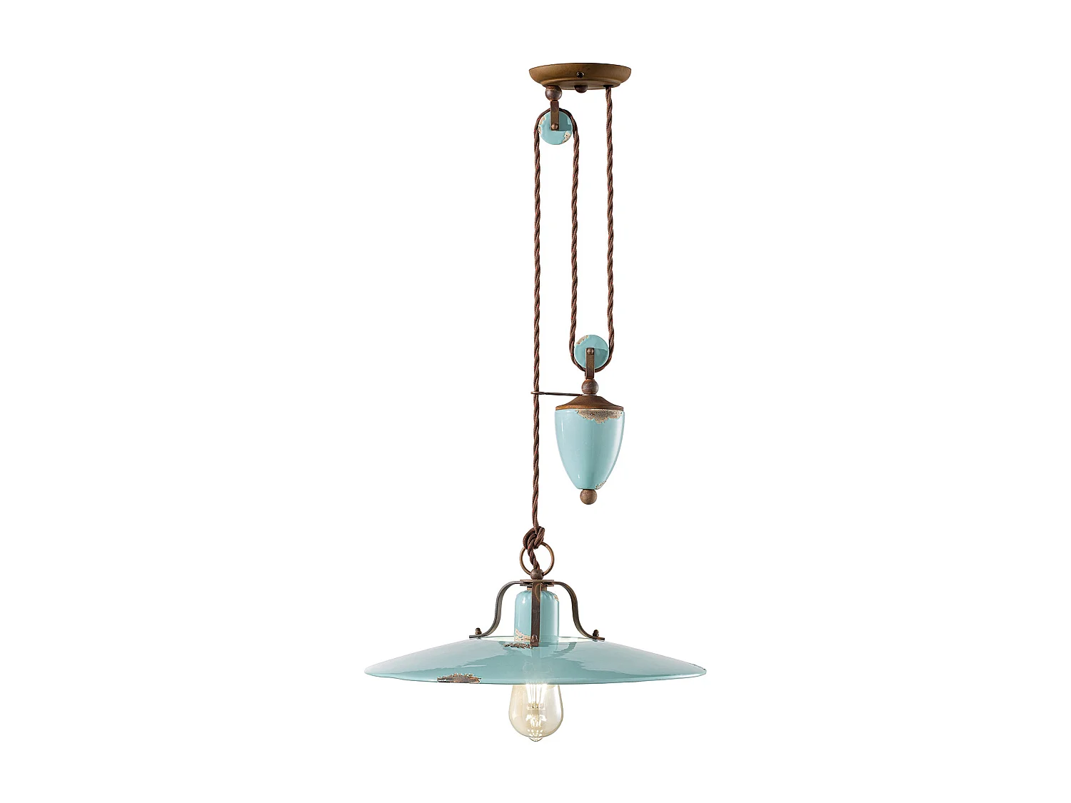 Lampadario Vintage Country Saliscendi Ferro E Ceramica Azzurro 1 Luce E27