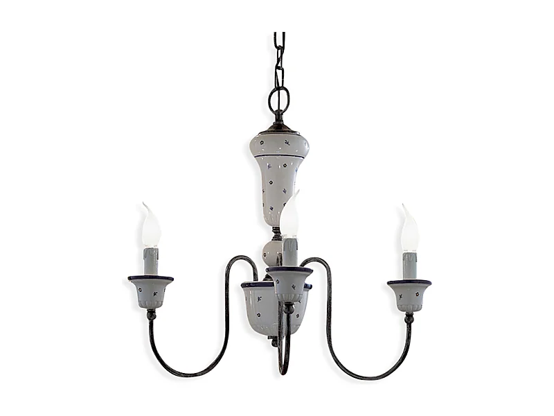 Lampadario Classico Sanremo Metallo E Ceramica Bianco Sfumato Argento 3 Luci E14