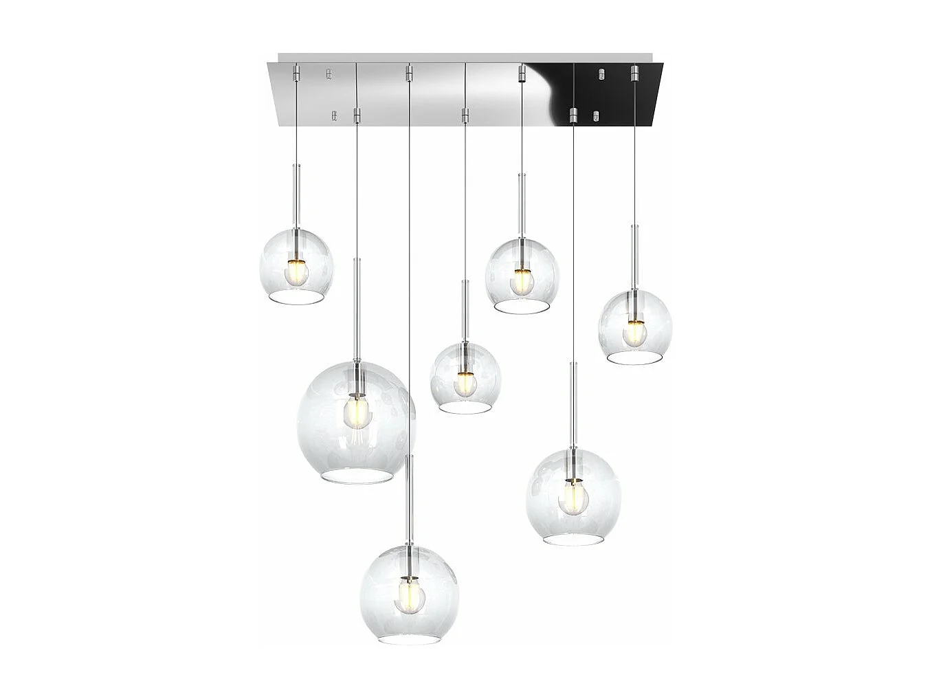 Sosp. Cromo Rettangolare 7 Luci Vetri (1 Grande+2 Medio +4 Piccolo) Tutti Trasparenti