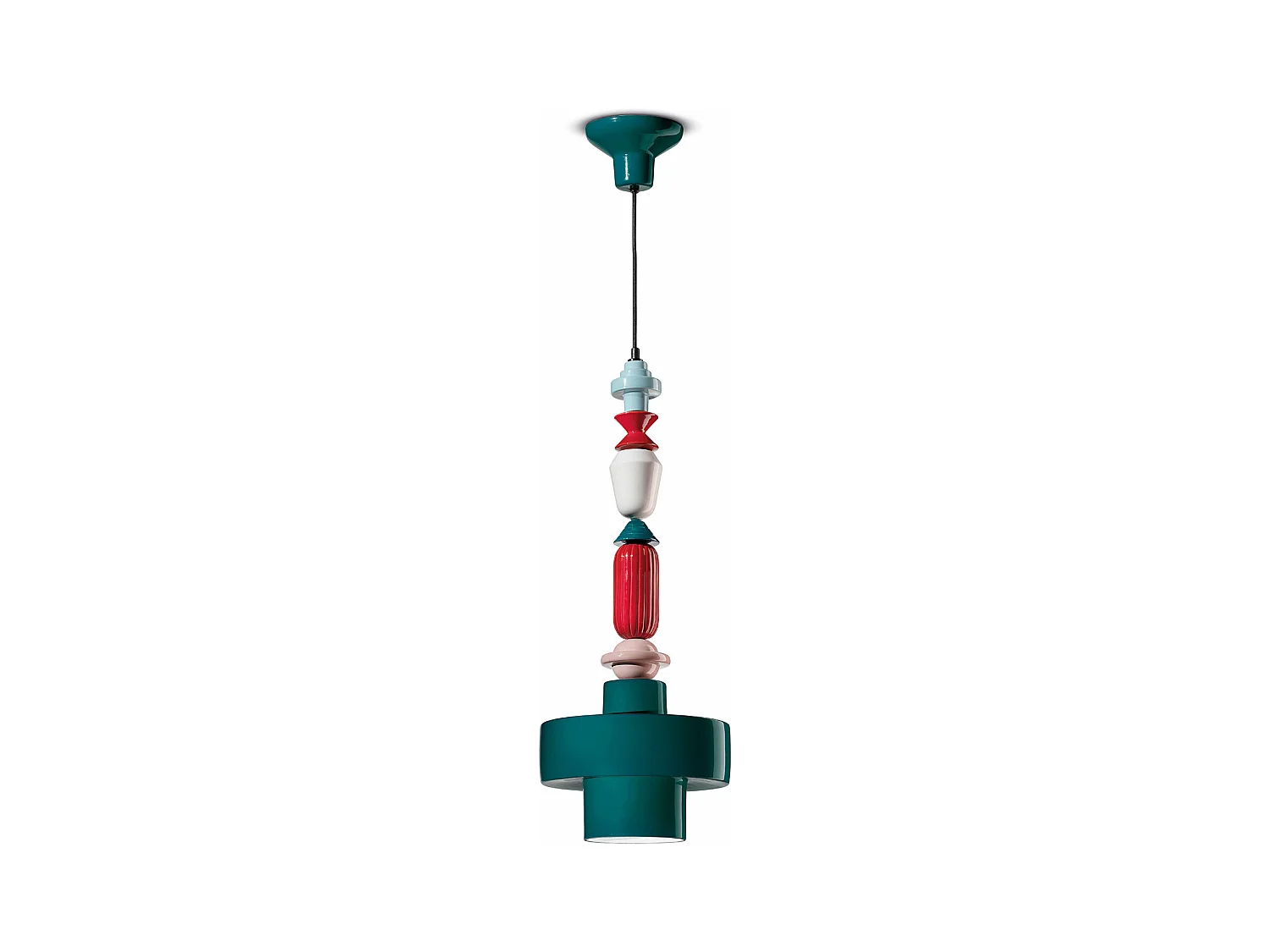 Sospensione Media Tonda Vintage Decò Lariat Ceramica Verde Petrolio 1 Luce E27